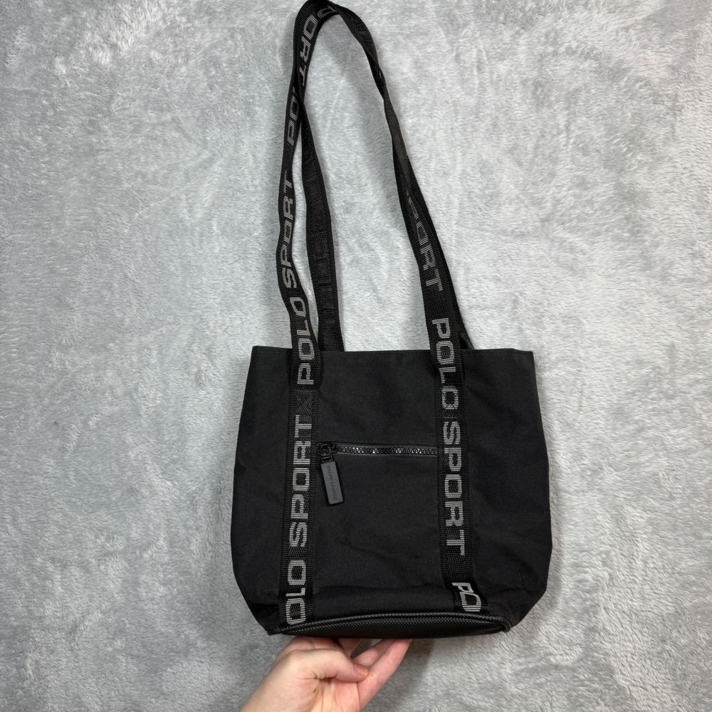 Vintage Polo Sport Tote Bag Small Black Canvas Logo Strap Spellout Y2K